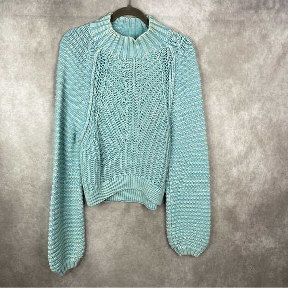 Free People Sweetheart Ribbed Knit Puff Sleeve Sweater In Ocean Pearl Blue Sz S - Picture 1 of 4